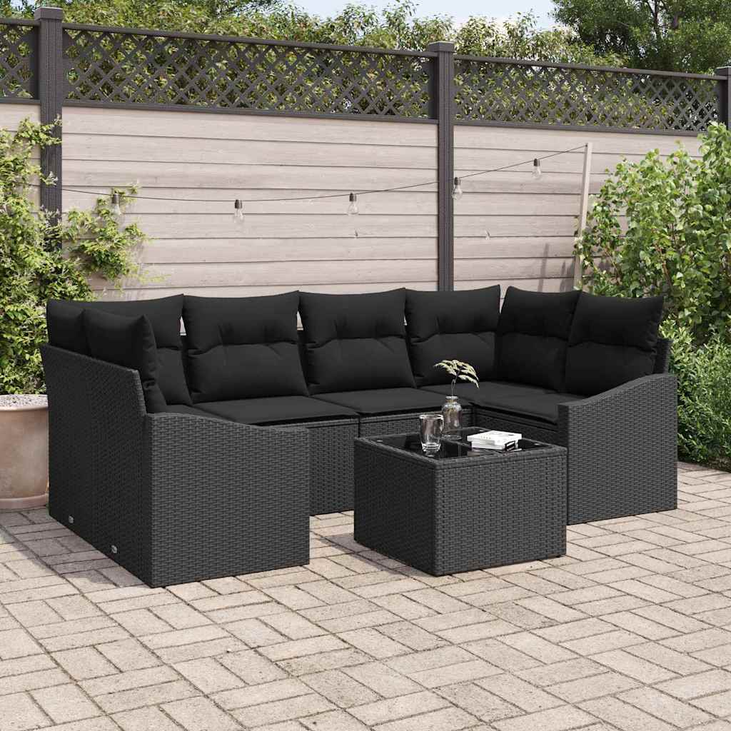 Garten-Sofa-Set 7 pcs Schwarz Poly-Rattan und Stahl und Glas